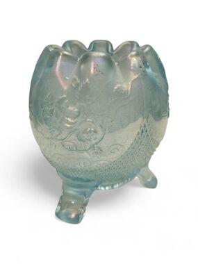 Northwood Carnival Glass Rose Bowl in the Fine Cut & Roses Pattern Iced Blue